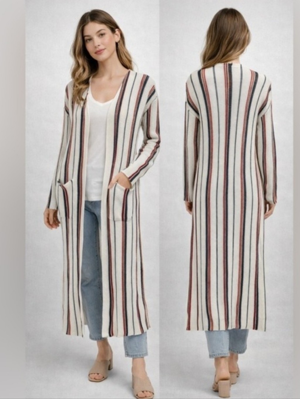 Anthropologie Lost + Wander Striped Long Open Cardigan - White, Red, Blue Os
